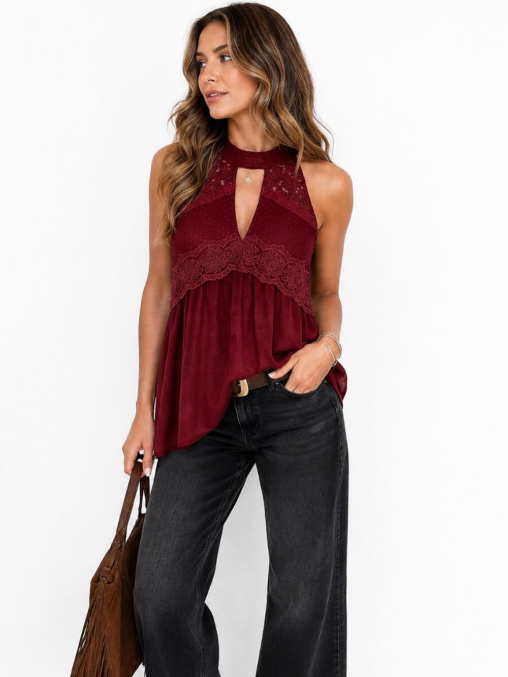 NWT Cherry Red Lace Halter Top S Sheer Keyhole Boho Romantic 70s Date Night